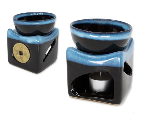 2. Aromalámpa kerámia, kínai szerencsepénzes, fekete kék, illatos olajhoz 11x8,5 cm