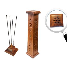   Füstölőtartó box álló, 4 szögletű, áttört, réz Buddha díszítéssel 30 cm