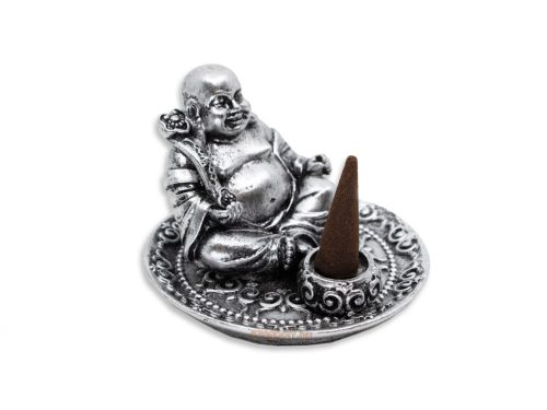 Füstölőtartó kerek Rezin-műgyanta Buddha-ezüst színű