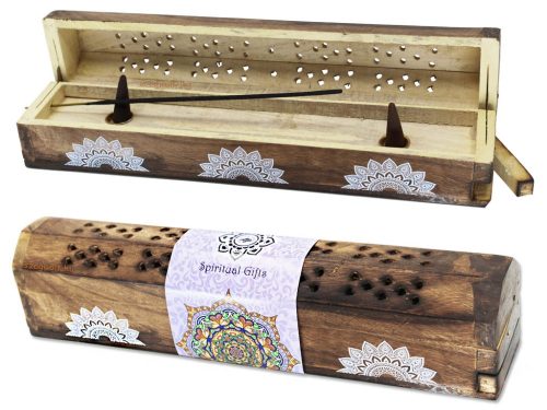 Füstölőtartó box natúr, fekvő, festett mandalás, 30 x 6 cm